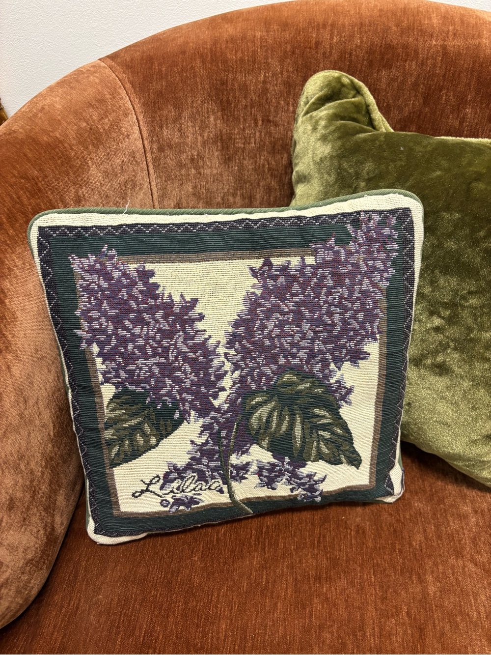 Lilac Floral Needlepoint Pillow in Purple and Green -Vintage